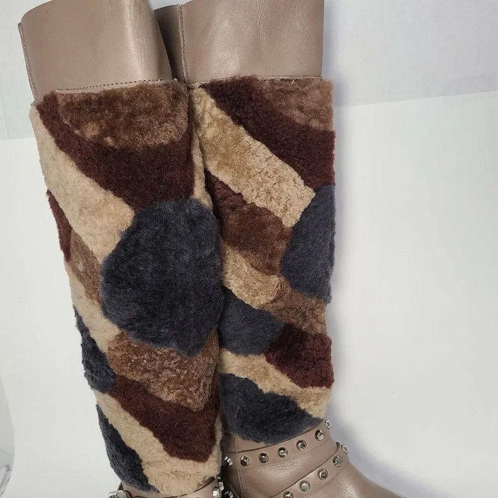 Ivy Kirzhner women boot Shearling Taupe tall fur Tartufo Patchwork sz 7.5 New